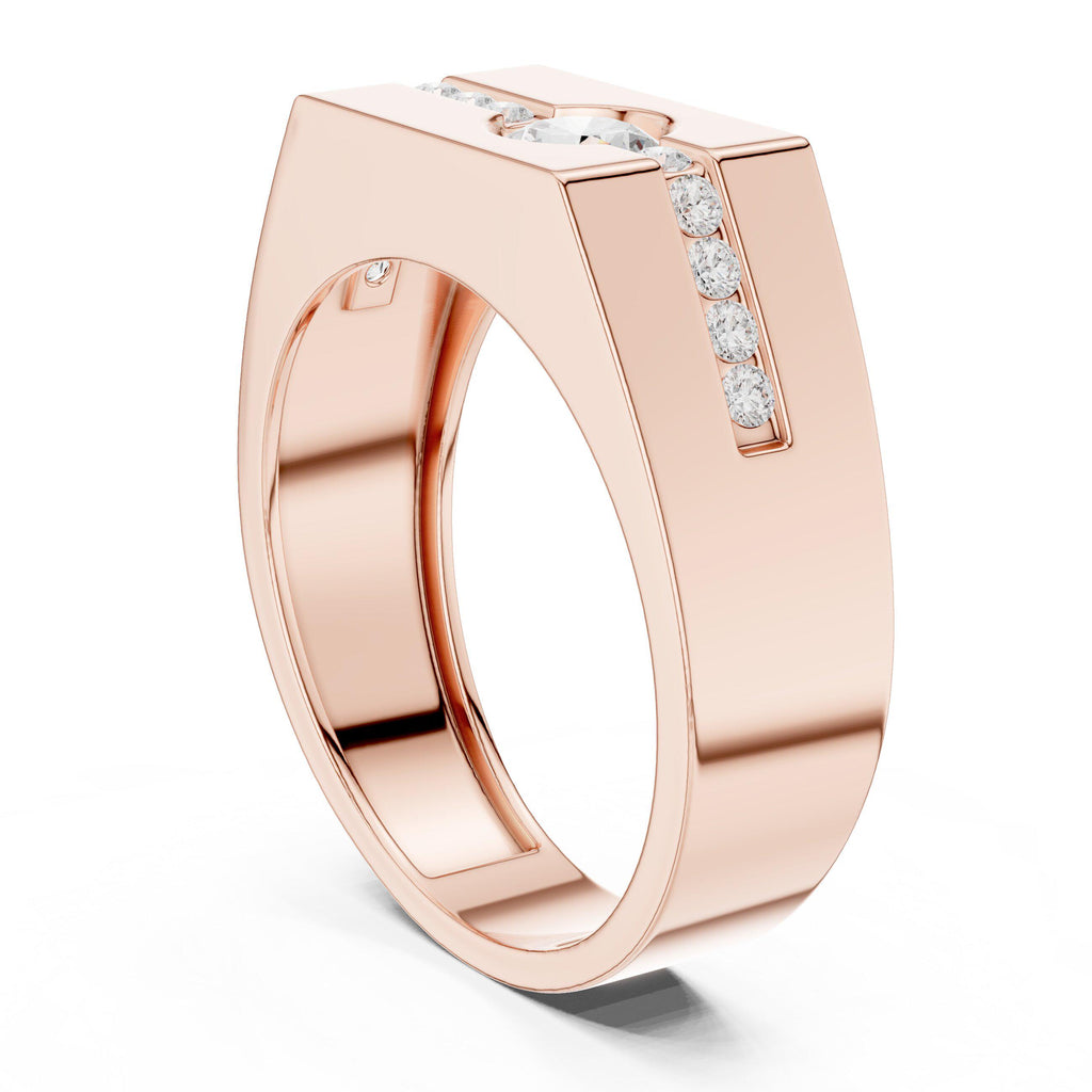 Men's Round Moissanite Ring with Channel Strip, Hexagon Top – 925 Sterling Silver, 18K Gold Vermeil