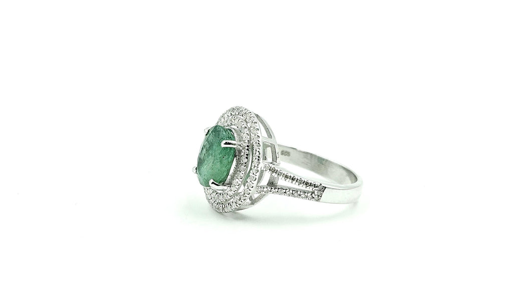 Oval Emerald Double-Halo Diamond Ring – 925 Sterling Silver, 18K White Gold Vermeil