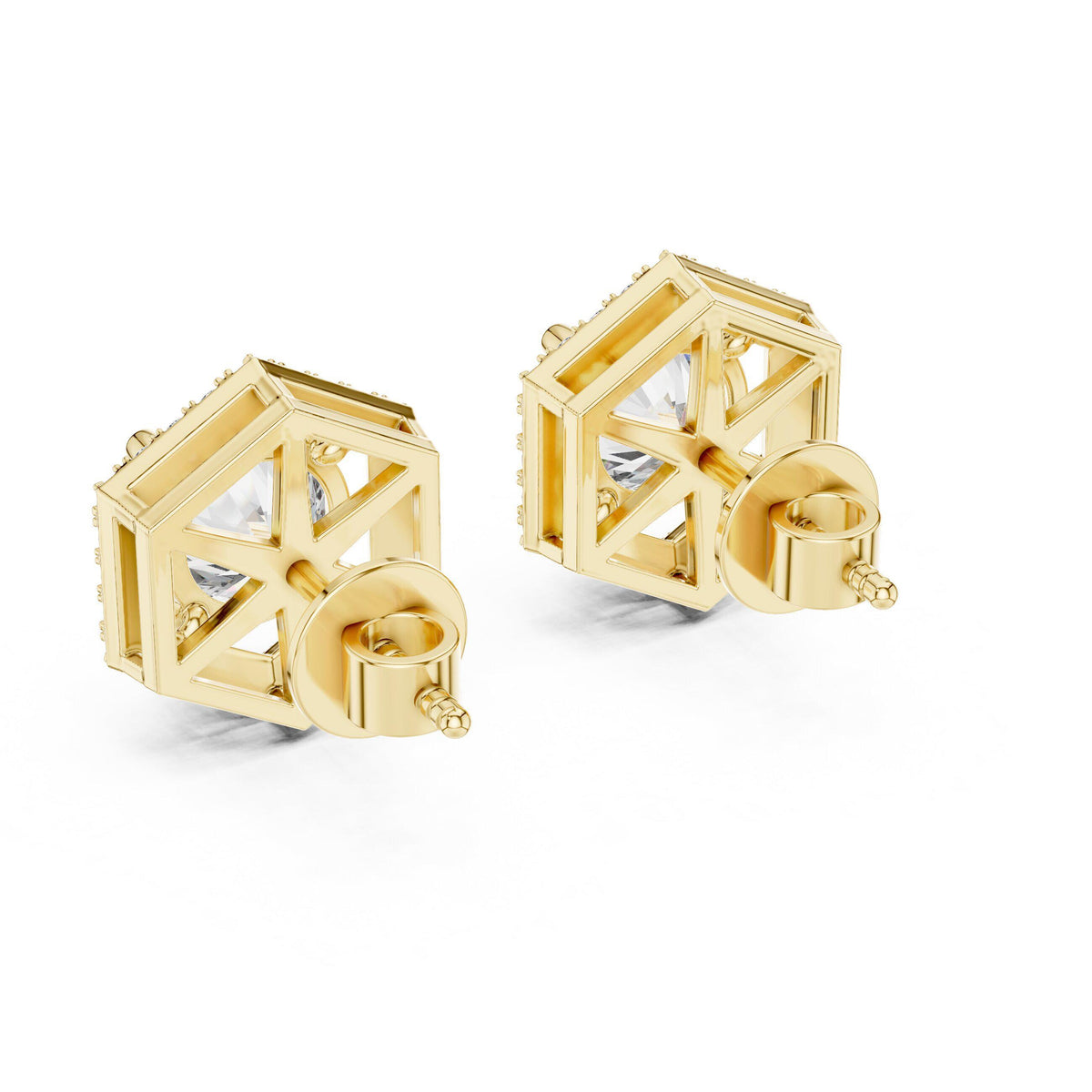 Hexagon Halo Round Moissanite Stud Earrings – 925 Sterling Silver, 18K Gold Vermeil