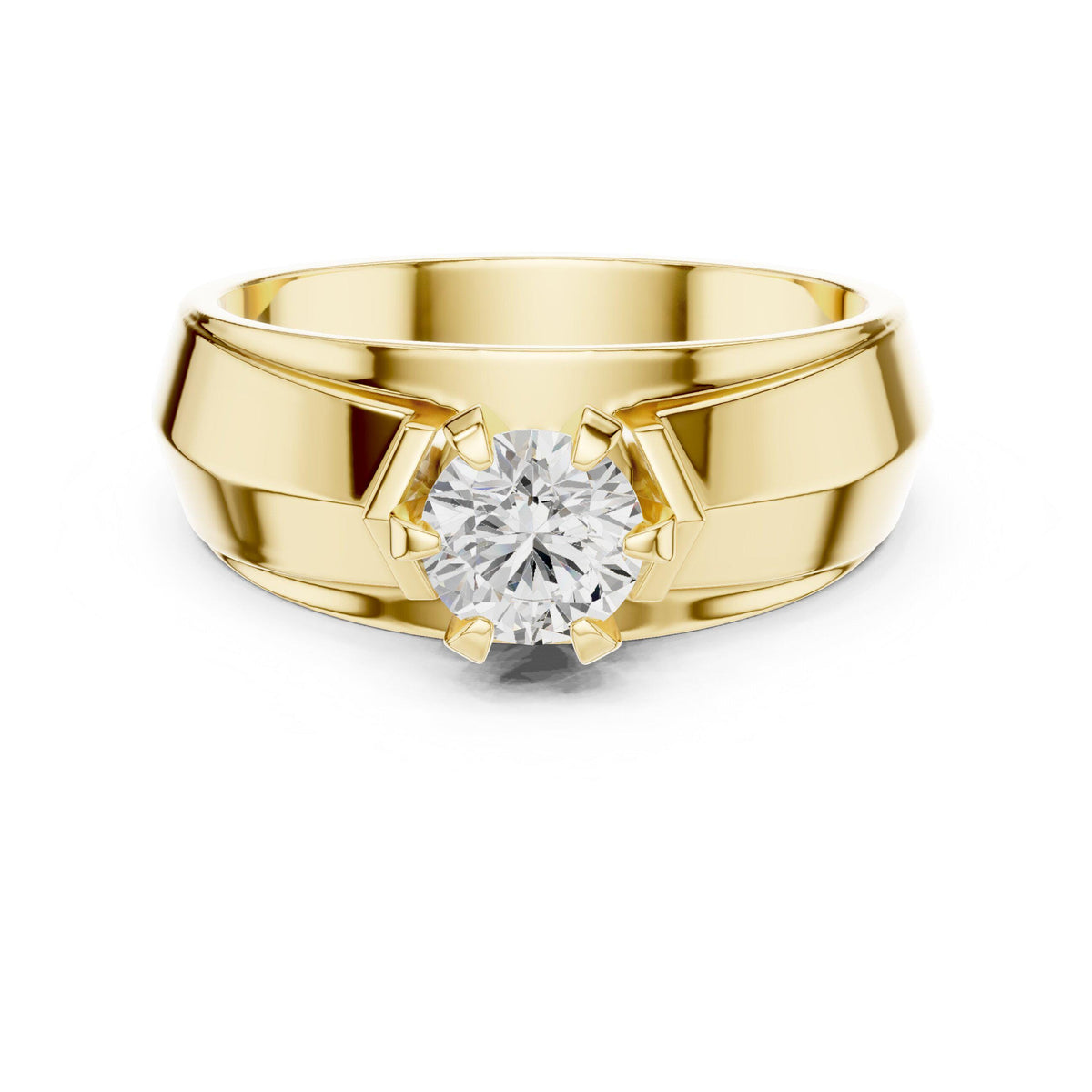 Men's Round Moissanite Ring, Split Angled Band – 925 Sterling Silver, 18K Gold Vermeil