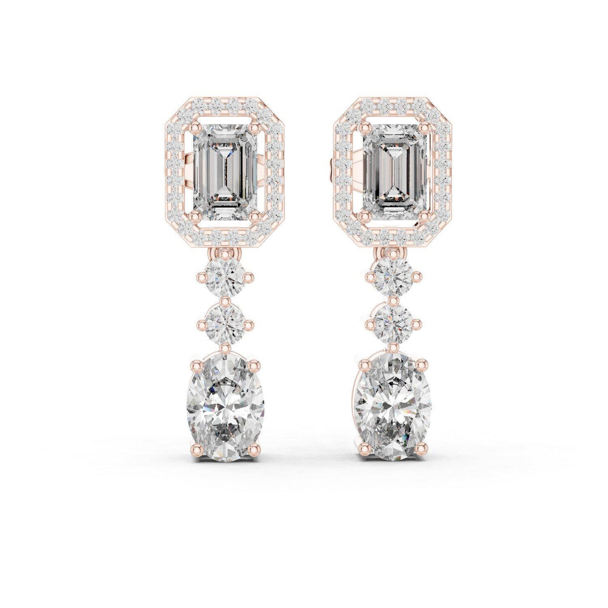 Emerald-Cut Halo Moissanite Drop Earrings – 925 Sterling Silver, 18K Gold Vermeil