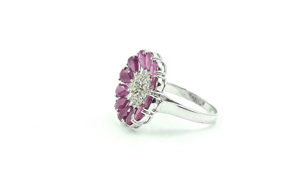 Ruby & Diamond Flower Cluster Ring – 925 Sterling Silver, 18K White Gold Vermeil
