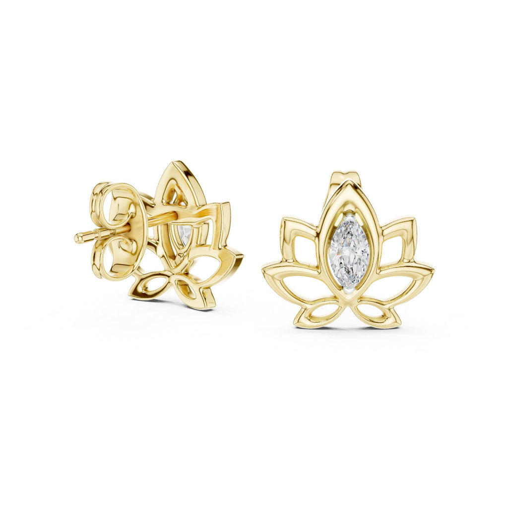 Marquise Moissanite Lotus Outline Stud Earrings – 925 Sterling Silver, 18K Gold Vermeil