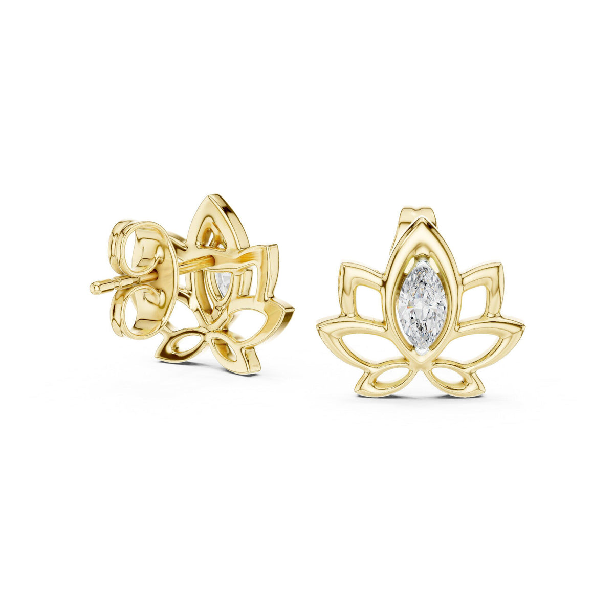 Marquise Moissanite Lotus Outline Stud Earrings – 925 Sterling Silver, 18K Gold Vermeil