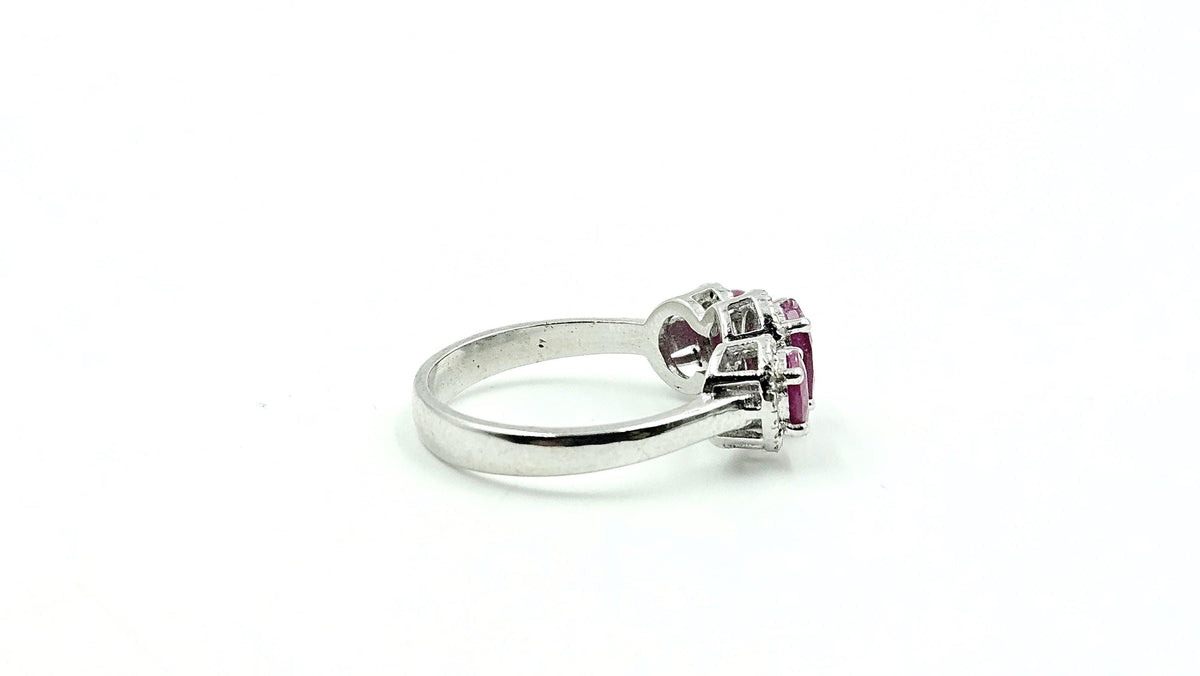 Three-Stone Oval Ruby & Diamond Halo Ring – 925 Sterling Silver, 18K White Gold Vermeil
