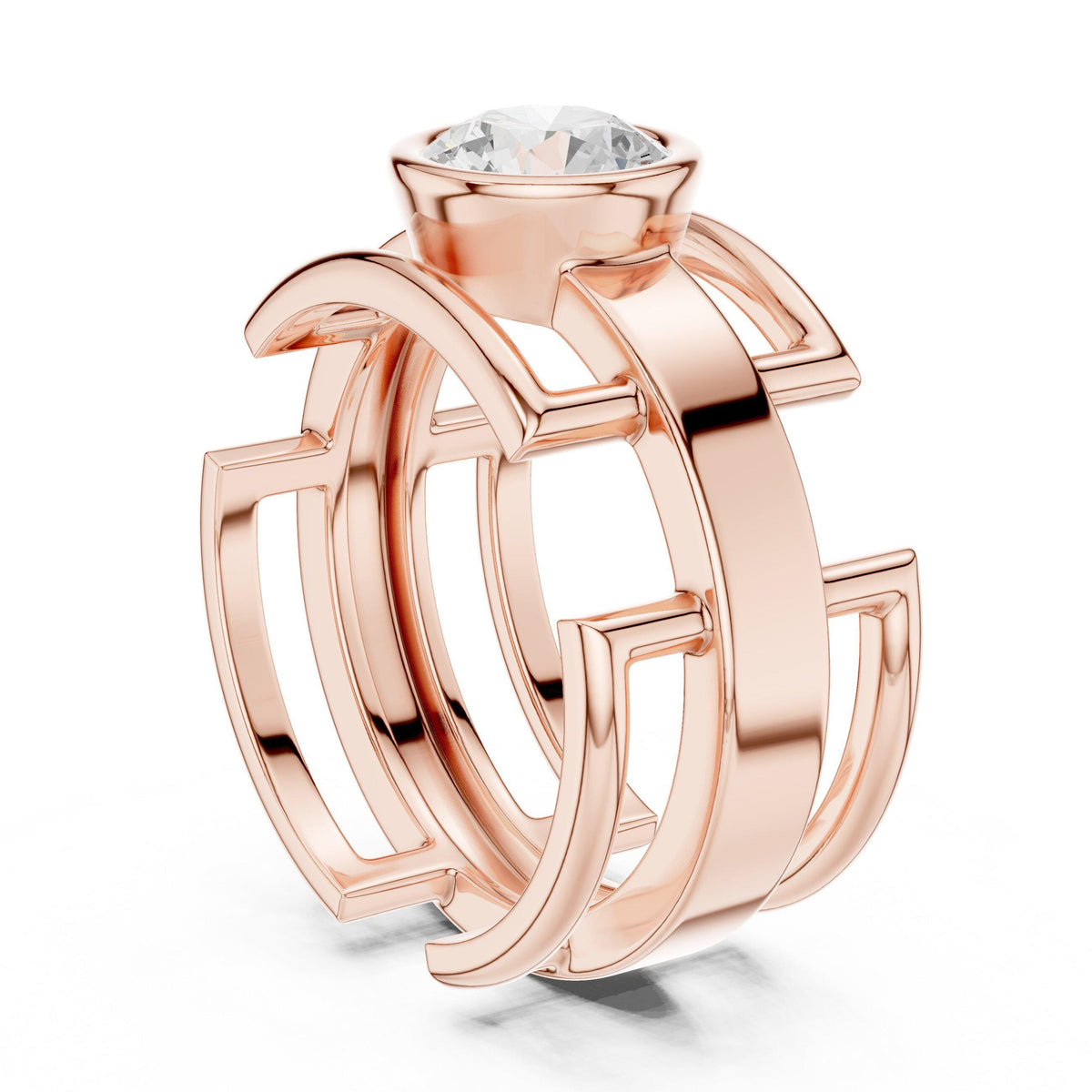 Men's Geometric Lattice Ring with Round Moissanite – 925 Sterling Silver, 18K Gold Vermeil