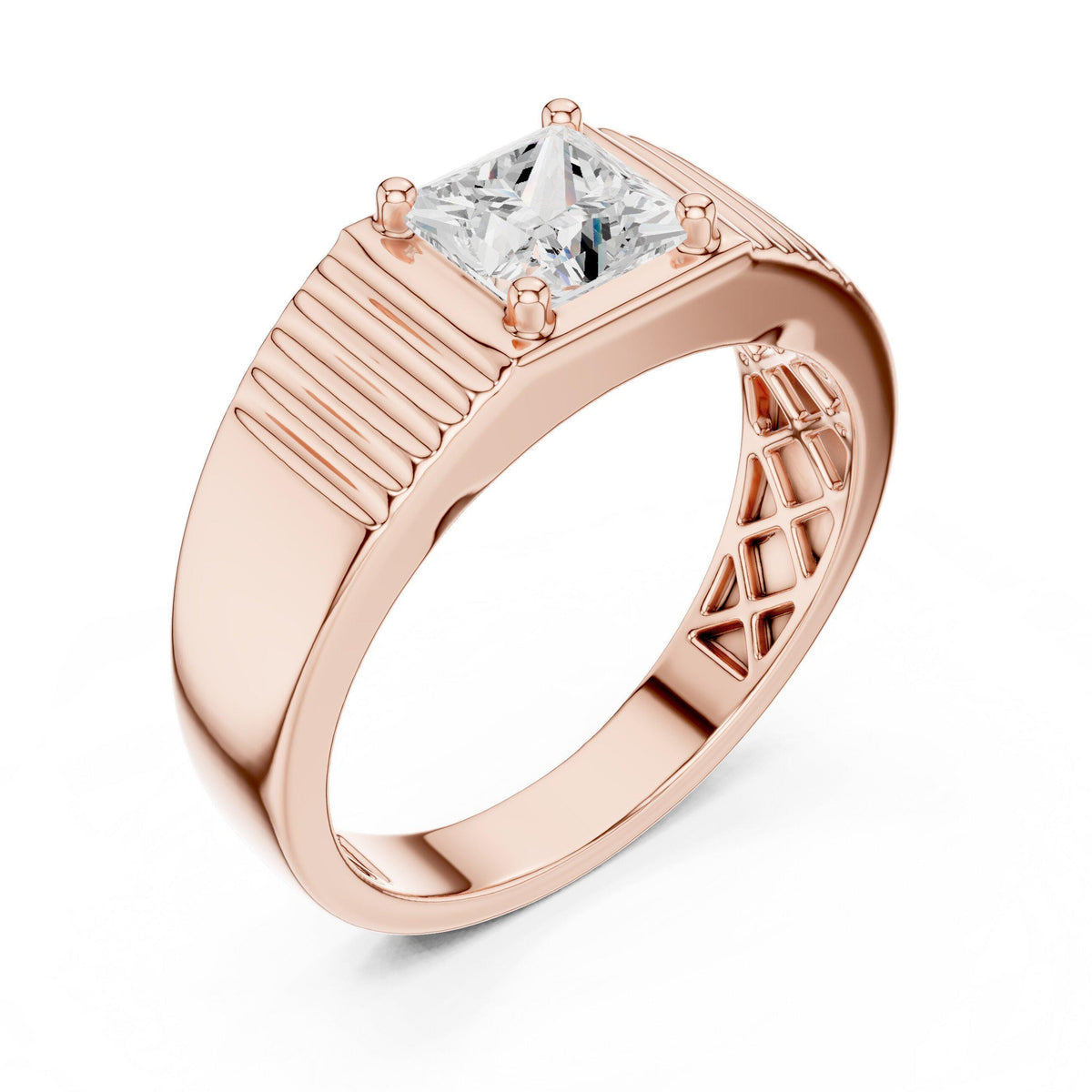 Men's Princess-Cut Moissanite Ring, Grooved Wide Band – 925 Sterling Silver, 18K Gold Vermeil