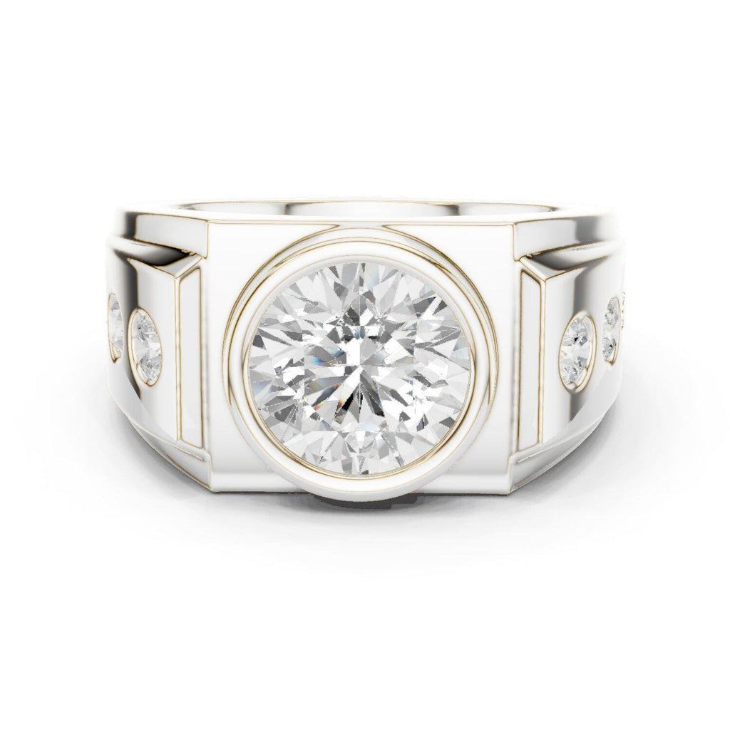 Men's Round Bezel-Set Moissanite Signet Ring with Side Stones – 925 Sterling Silver, 18K Gold Vermeil