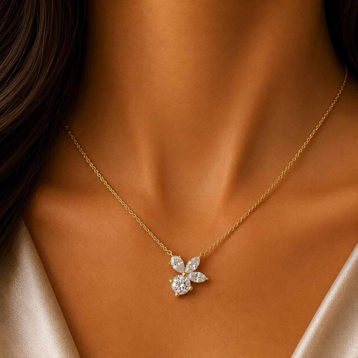 Pear, Marquise & Round Moissanite Cluster Pendant Necklace – 925 Sterling Silver, 18K Gold Vermeil