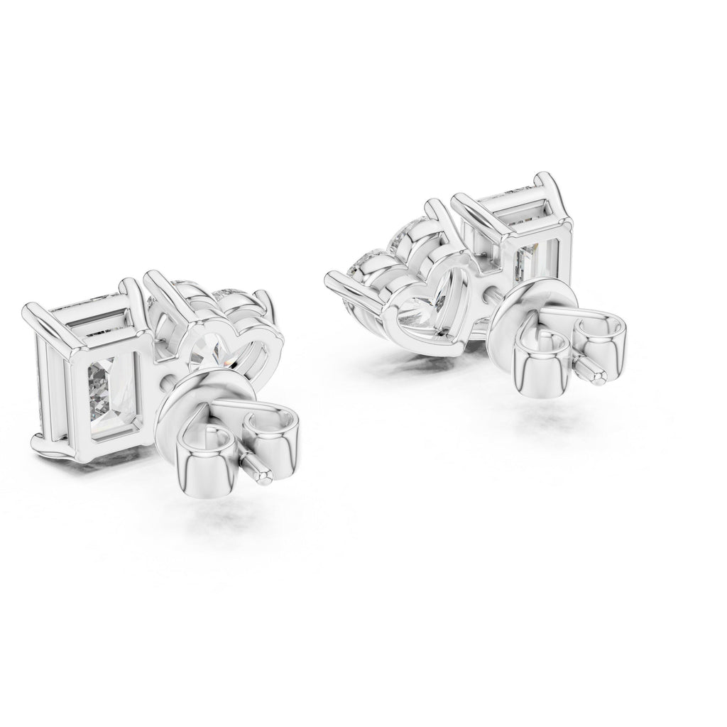 Heart & Emerald-Cut Moissanite Toi et Moi Stud Earrings – 925 Sterling Silver, 18K Gold Vermeil