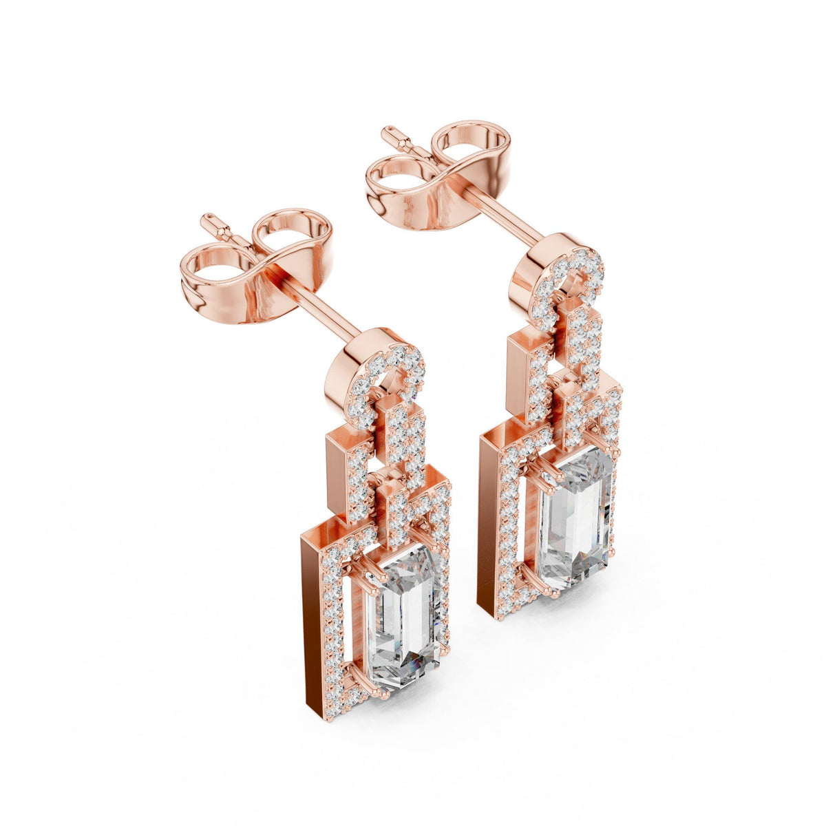 Emerald-Cut Moissanite Geometric Halo Drop Earrings – 925 Sterling Silver, 18K Gold Vermeil