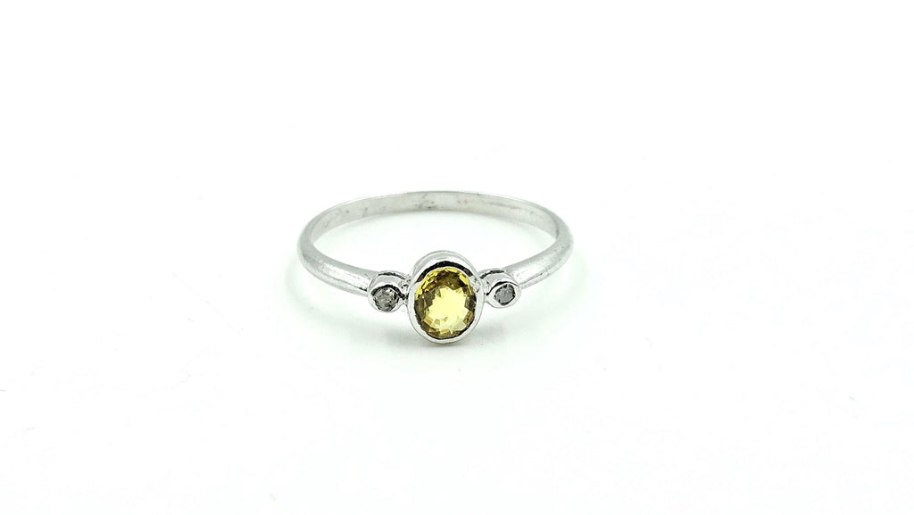 Bezel-Set Yellow Sapphire & Diamond Ring – 925 Sterling Silver, 18K White Gold Vermeil