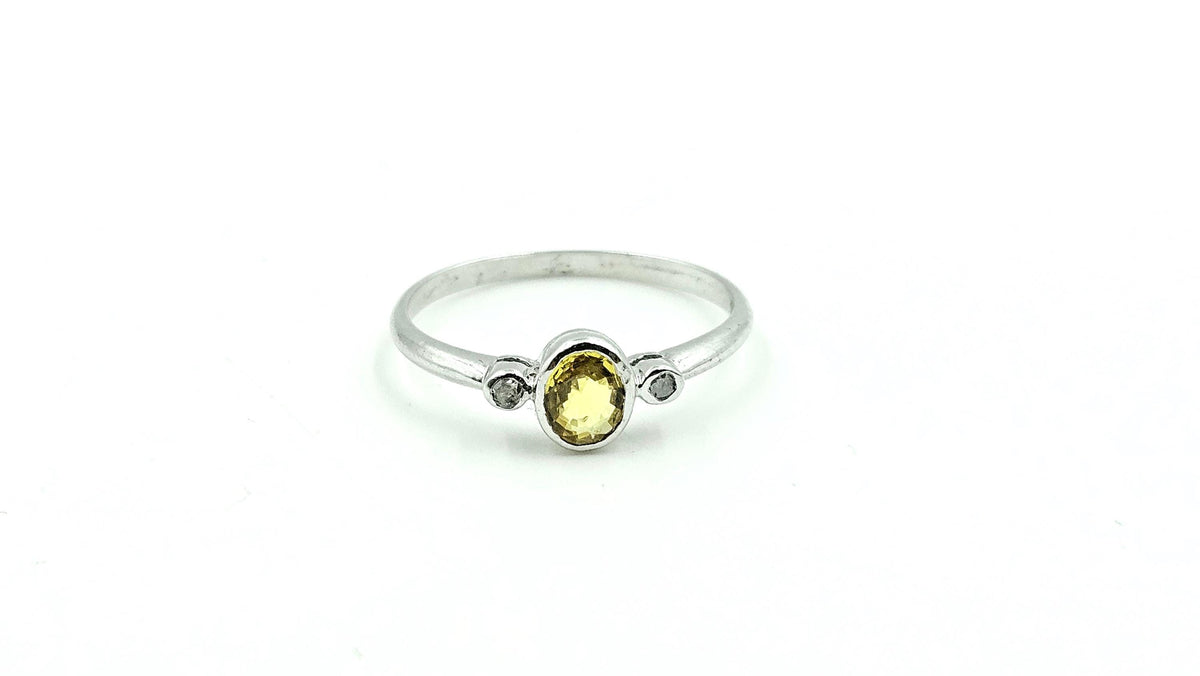Bezel-Set Yellow Sapphire & Diamond Ring – 925 Sterling Silver, 18K White Gold Vermeil