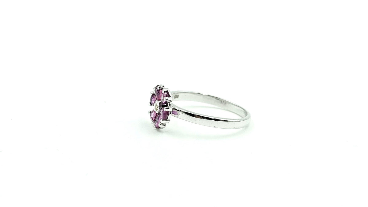 Pear Ruby Flower Ring with Diamond Centre – 925 Sterling Silver, 18K White Gold Vermeil