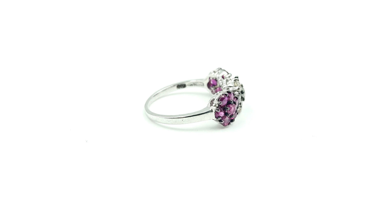 Triple-Cluster Ruby & Diamond Ring – 925 Sterling Silver, 18K White Gold Vermeil