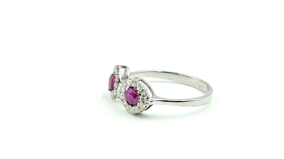 Twin Ruby Halo Open Ring – 925 Sterling Silver, 18K White Gold Vermeil