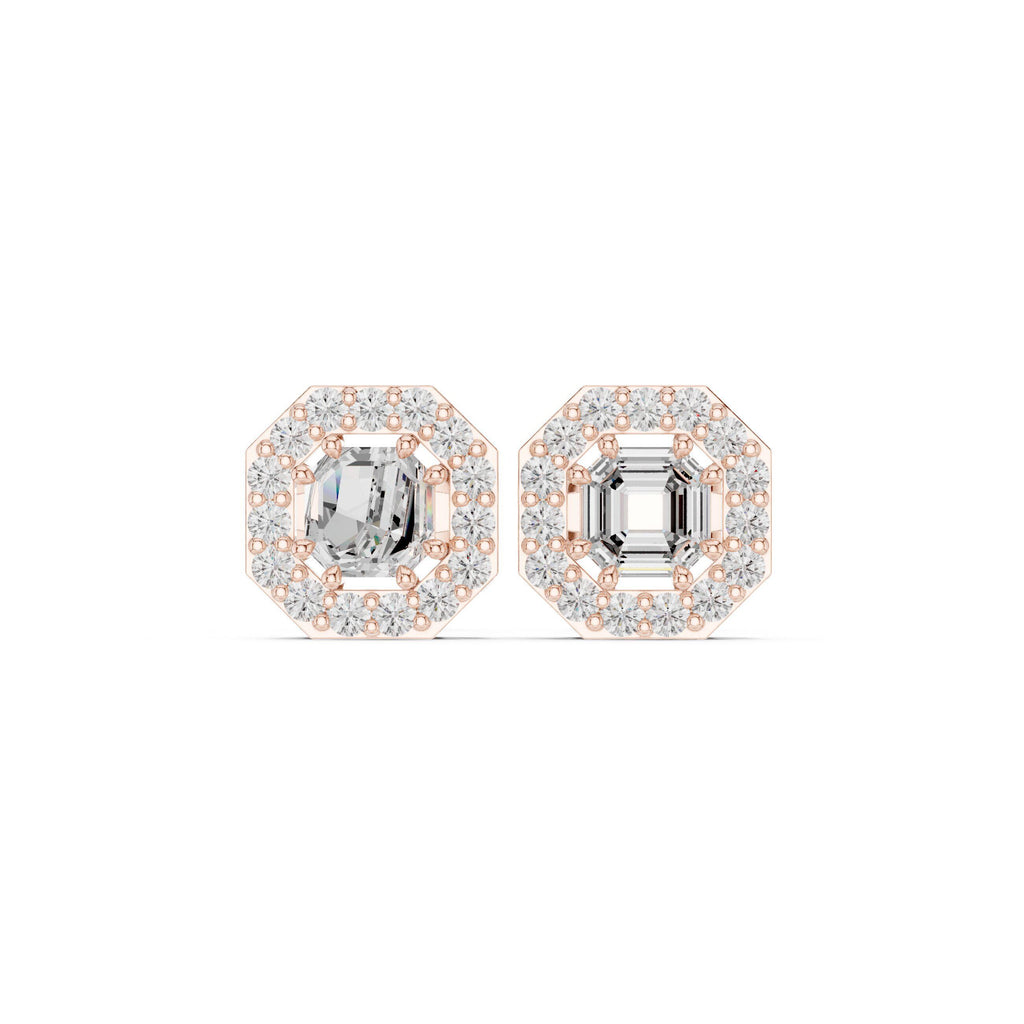 Emerald-Cut Moissanite Octagon Halo Stud Earrings – 925 Sterling Silver, 18K Gold Vermeil