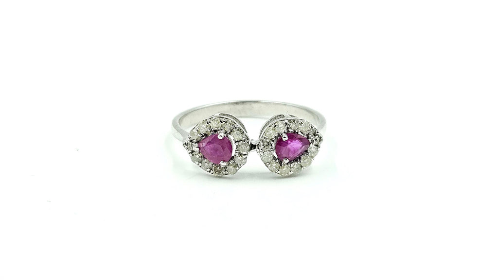 Twin Ruby Halo Open Ring – 925 Sterling Silver, 18K White Gold Vermeil