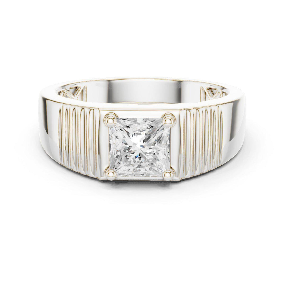 Men's Princess-Cut Moissanite Ring, Grooved Wide Band – 925 Sterling Silver, 18K Gold Vermeil