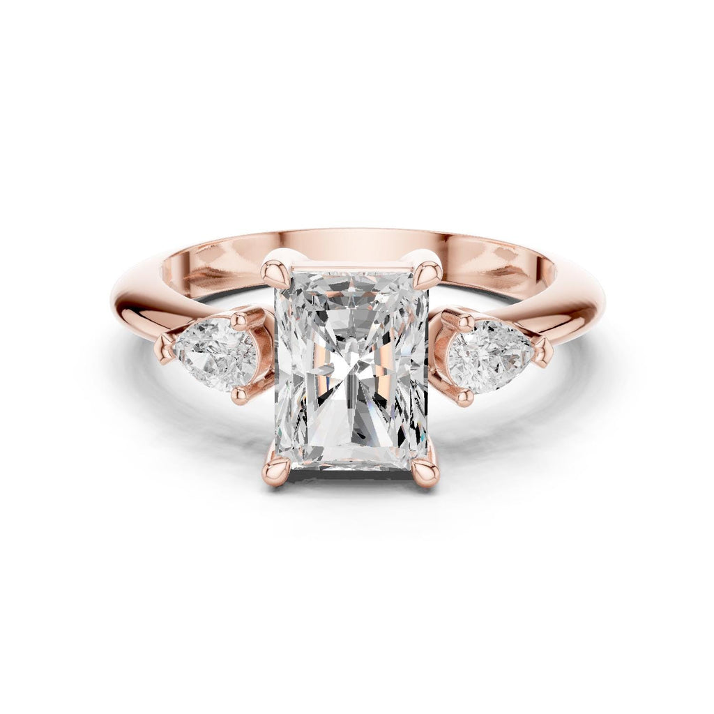 Radiant-Cut Moissanite Three-Stone Ring with Pear Side Stones – 925 Sterling Silver, 18K Gold Vermeil