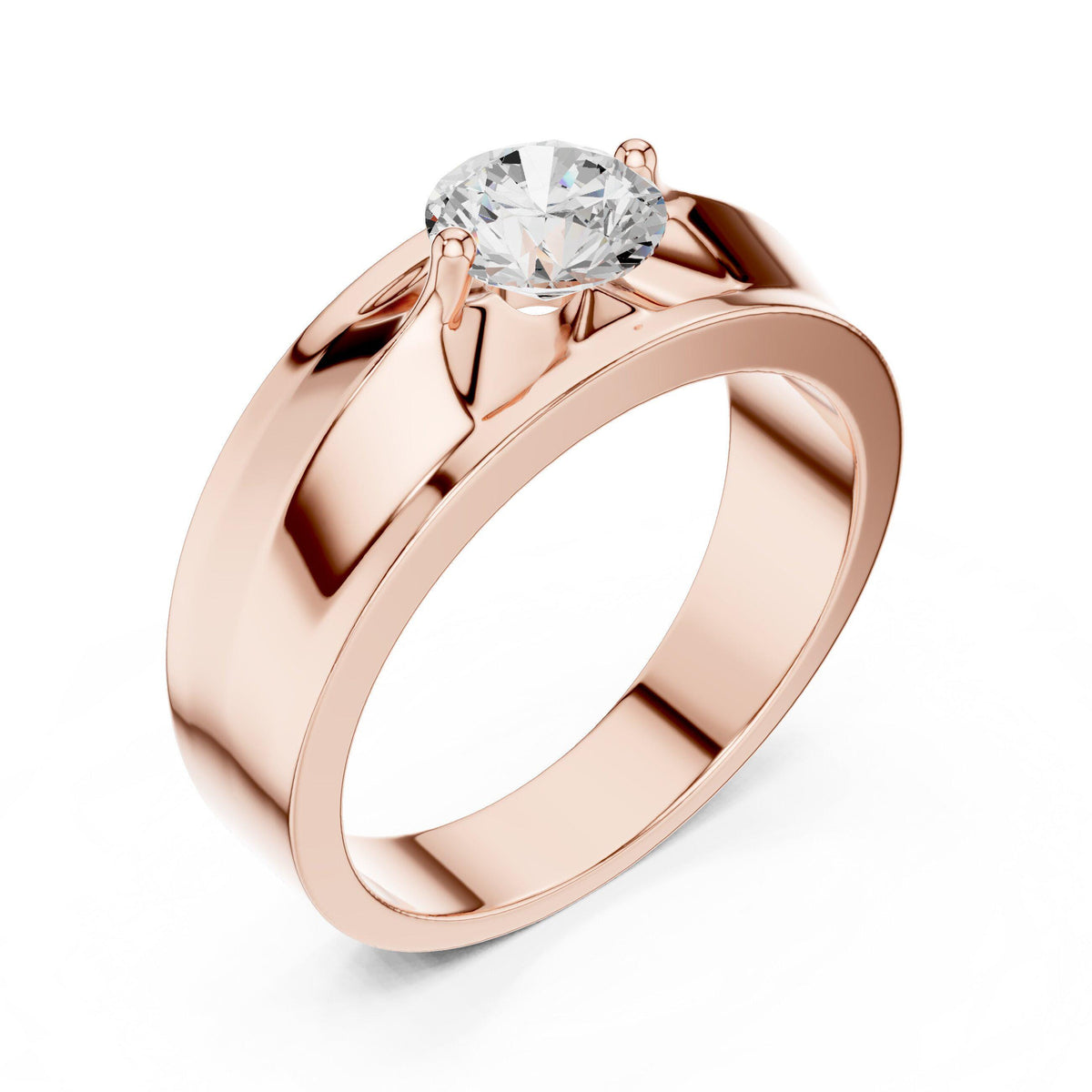 Men's Round Moissanite Ring with Winged Prongs, Flat Band – 925 Sterling Silver, 18K Gold Vermeil