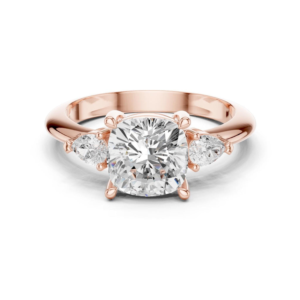 Cushion Moissanite Three-Stone Ring with Pear Side Stones – 925 Sterling Silver, 18K Gold Vermeil