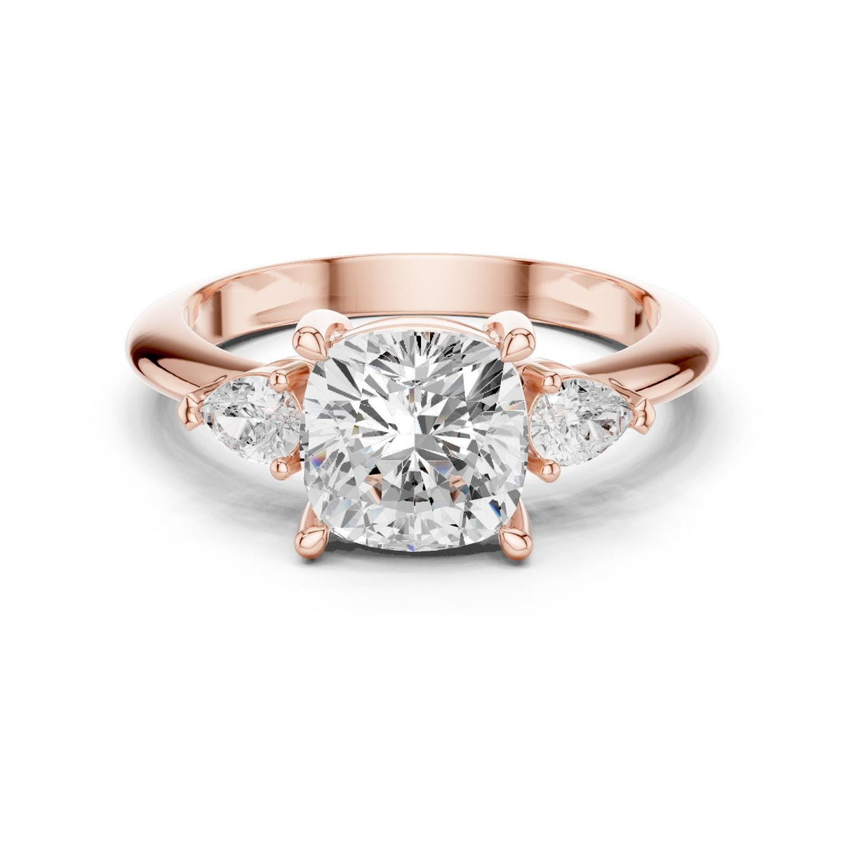 Cushion Moissanite Three-Stone Ring with Pear Side Stones – 925 Sterling Silver, 18K Gold Vermeil