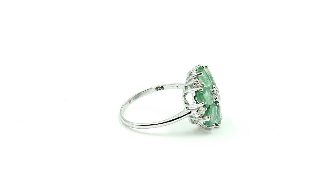 Pear Emerald Flower Ring with Diamond Centre – 925 Sterling Silver, 18K White Gold Vermeil