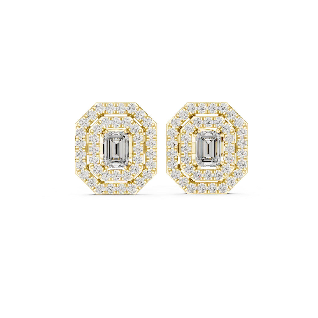 Emerald-Cut Moissanite Octagon Double-Halo Stud Earrings – 925 Sterling Silver, 18K Gold Vermeil