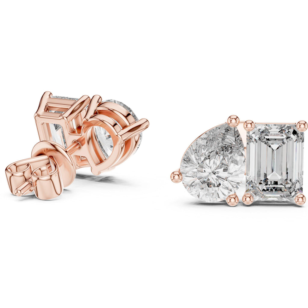 Heart & Emerald-Cut Moissanite Toi et Moi Stud Earrings – 925 Sterling Silver, 18K Gold Vermeil