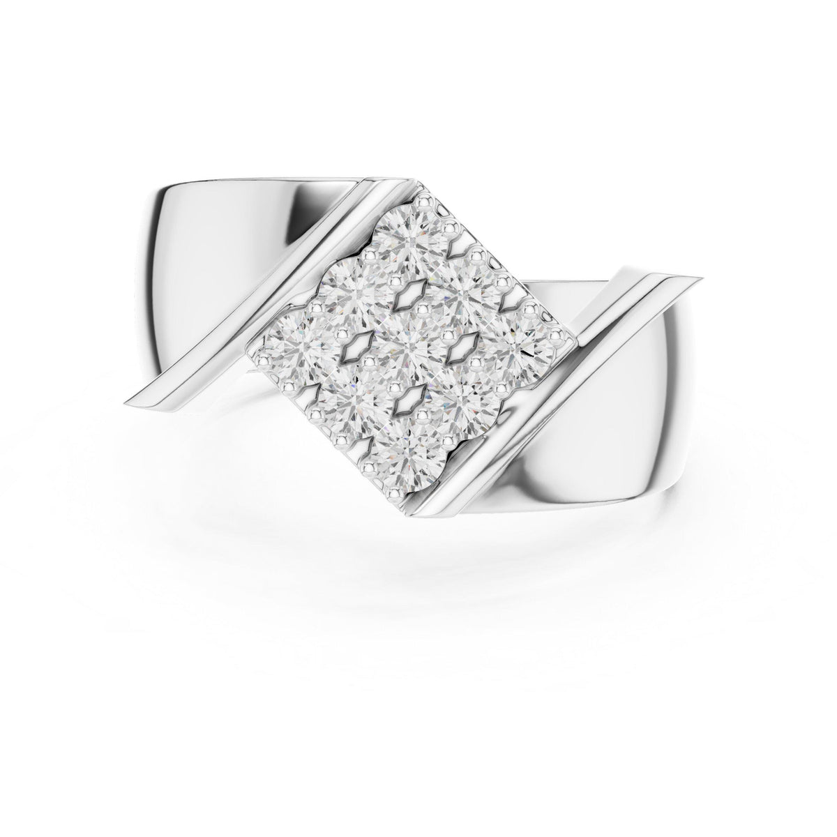 Men's Twisted Bypass Ring with Square Pavé Cluster – 925 Sterling Silver, 18K Gold Vermeil
