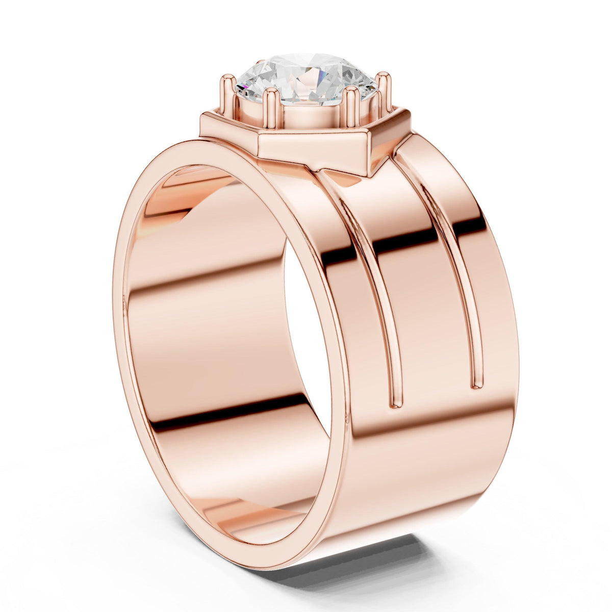 Men's Round Moissanite Ring with Hexagon Frame, Wide Band – 925 Sterling Silver, 18K Gold Vermeil