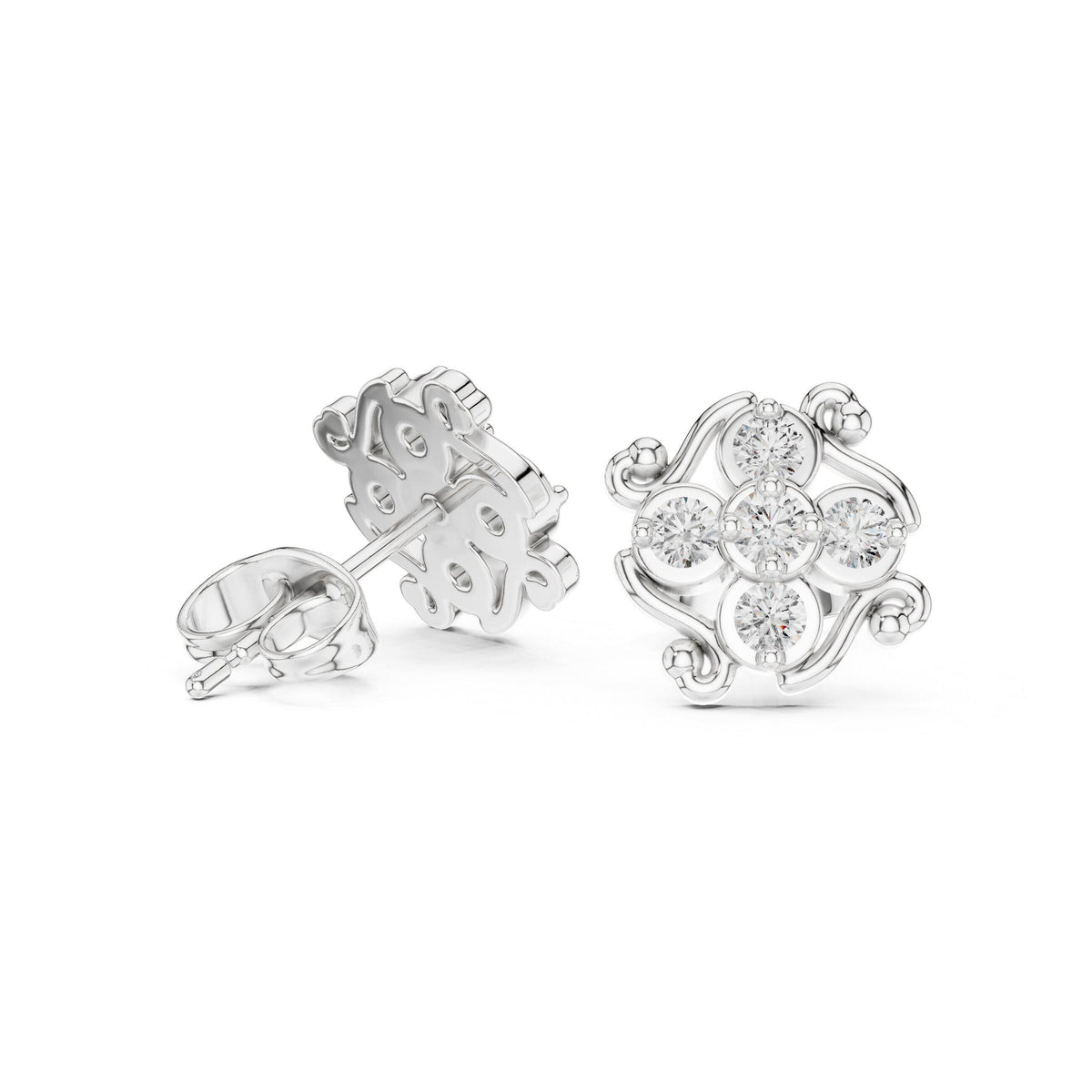 Moissanite Scroll Filigree Cluster Stud Earrings – 925 Sterling Silver, 18K Gold Vermeil