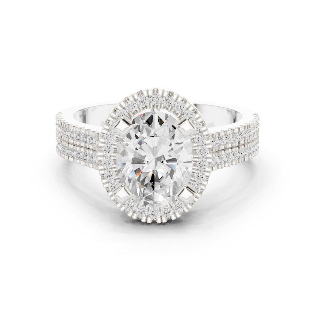 Oval Moissanite Halo Ring with Triple-Row Pavé Band – 925 Sterling Silver, 18K Gold Vermeil