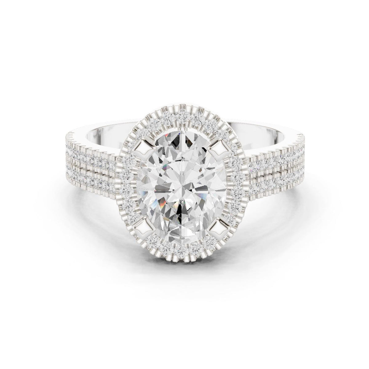 Oval Moissanite Halo Ring with Triple-Row Pavé Band – 925 Sterling Silver, 18K Gold Vermeil