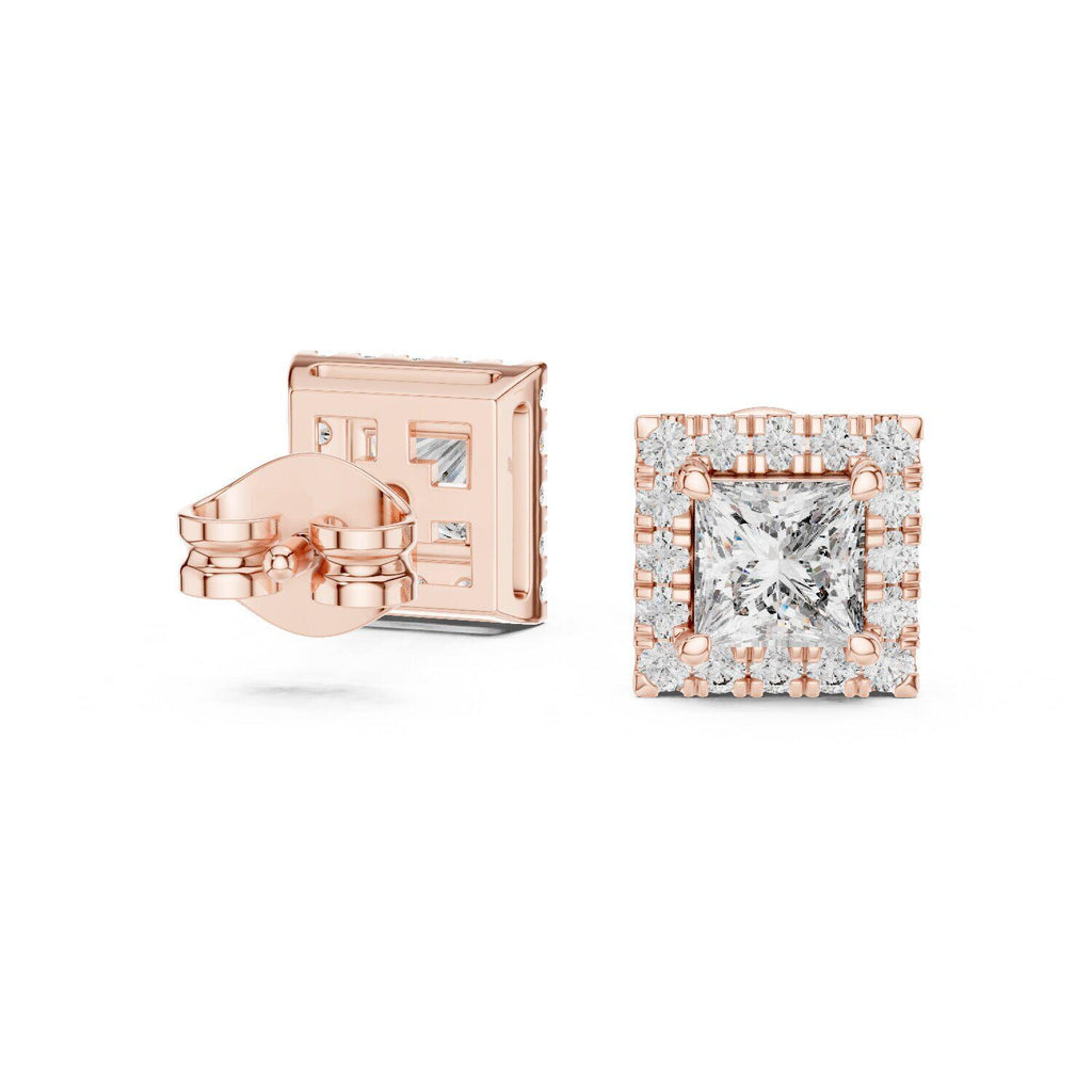 Princess Moissanite Square Halo Stud Earrings – 925 Sterling Silver, 18K Gold Vermeil