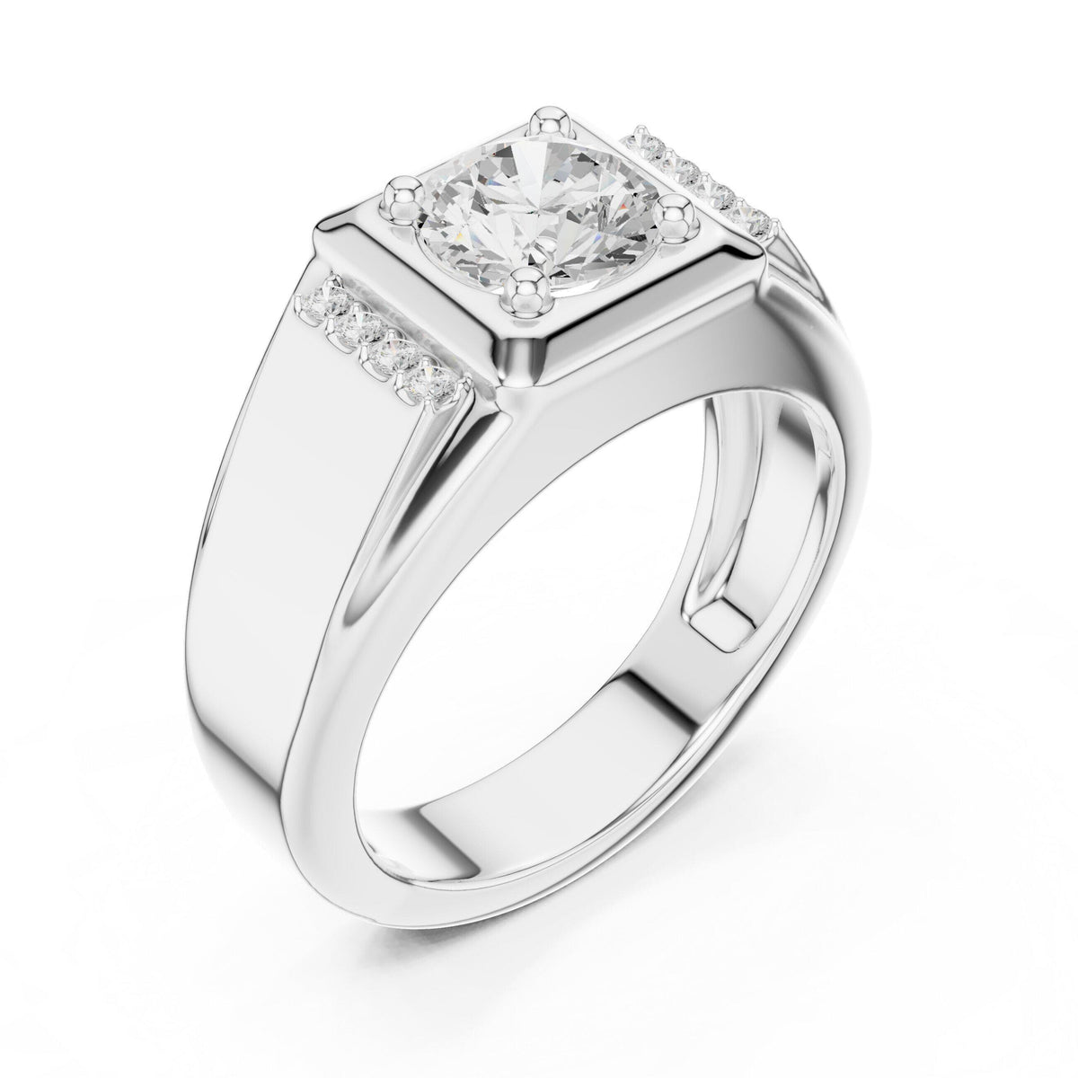 Men's Round Moissanite Ring with Pavé Shoulders – 925 Sterling Silver, 18K Gold Vermeil