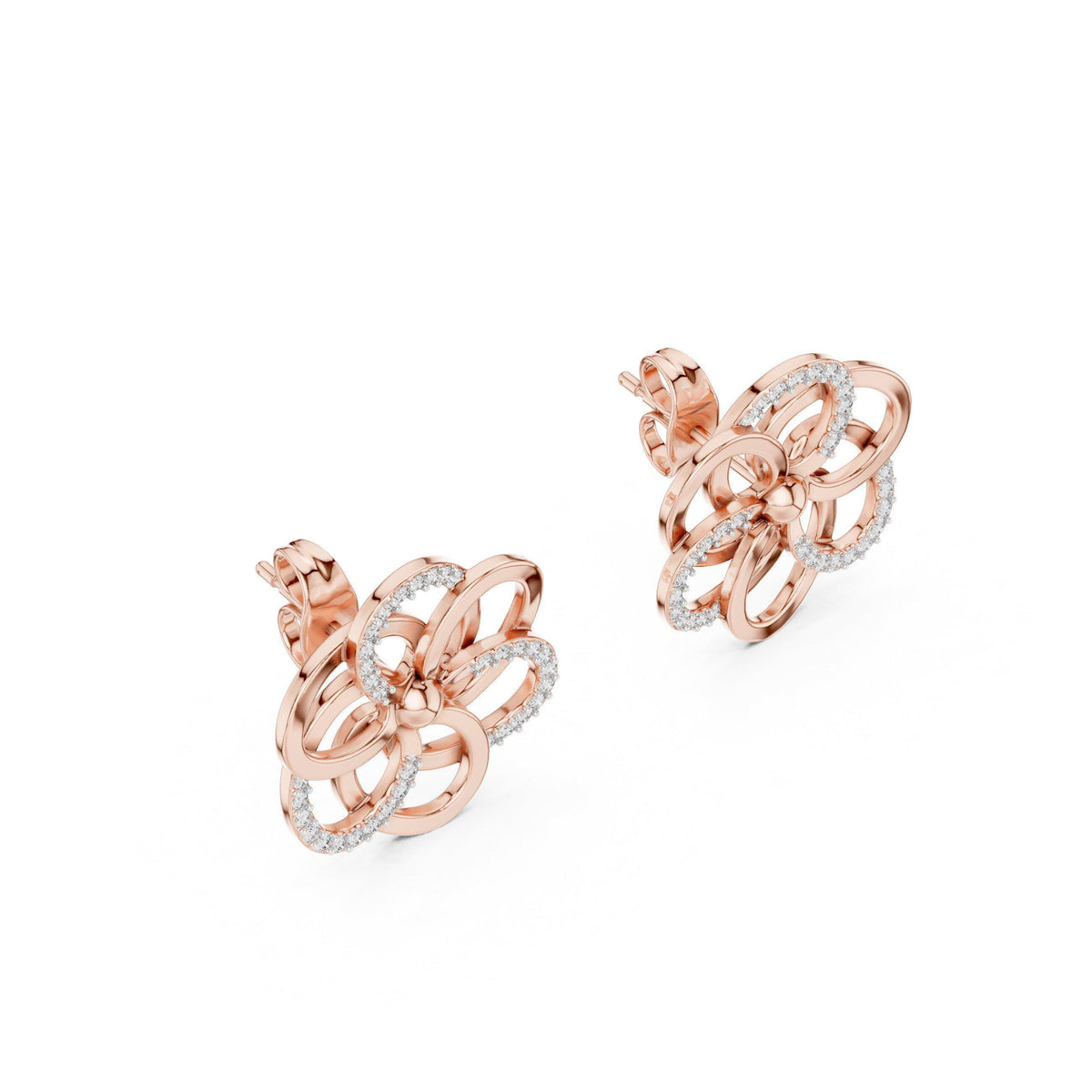 Moissanite Pavé Looped Flower Stud Earrings – 925 Sterling Silver, 18K Gold Vermeil
