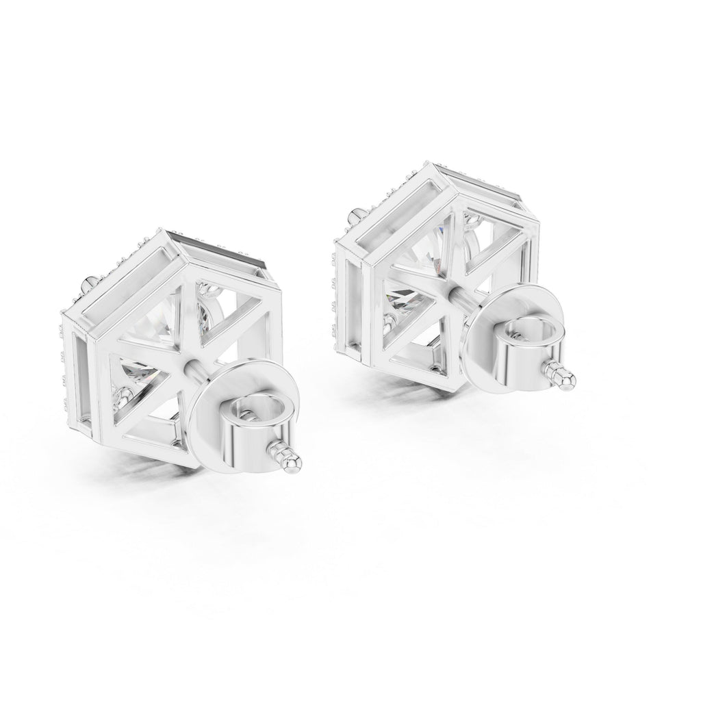 Round Moissanite Hexagon Halo Stud Earrings – 925 Sterling Silver, 18K Gold Vermeil