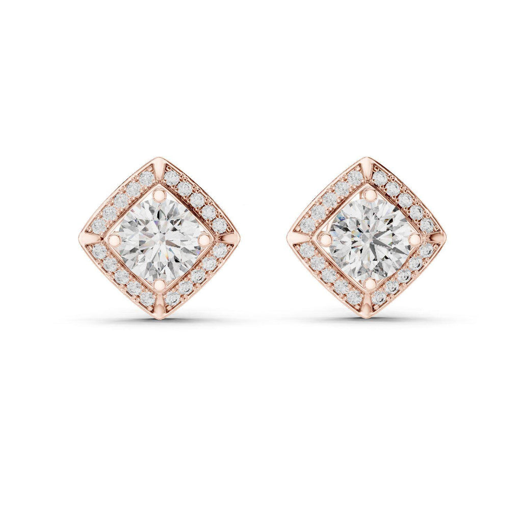 Square Halo Round Moissanite Stud Earrings – 925 Sterling Silver, 18K Gold Vermeil