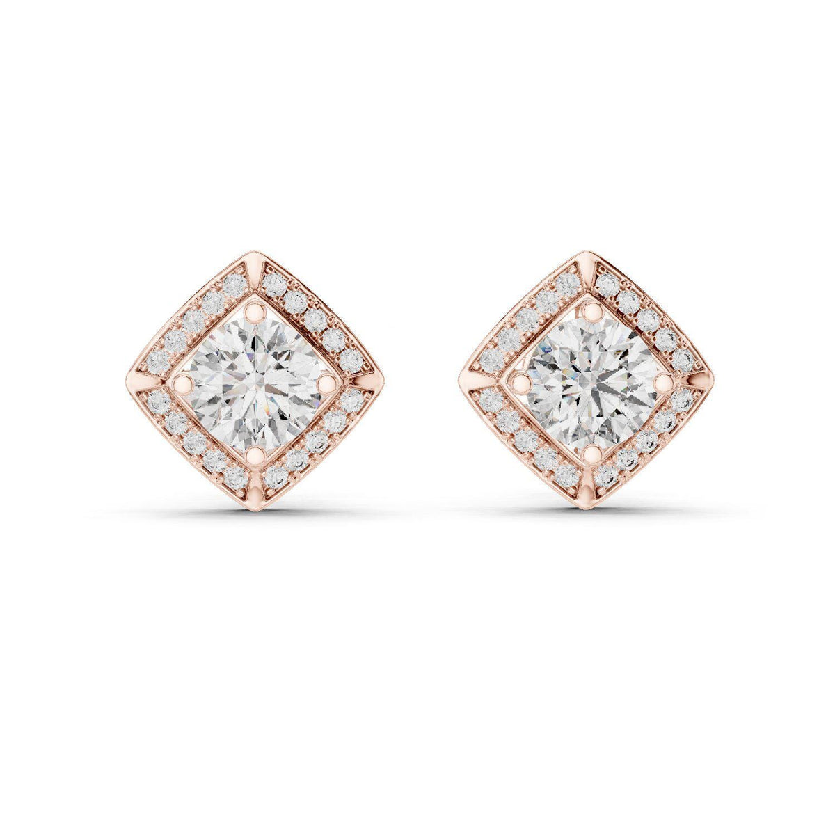 Square Halo Round Moissanite Stud Earrings – 925 Sterling Silver, 18K Gold Vermeil