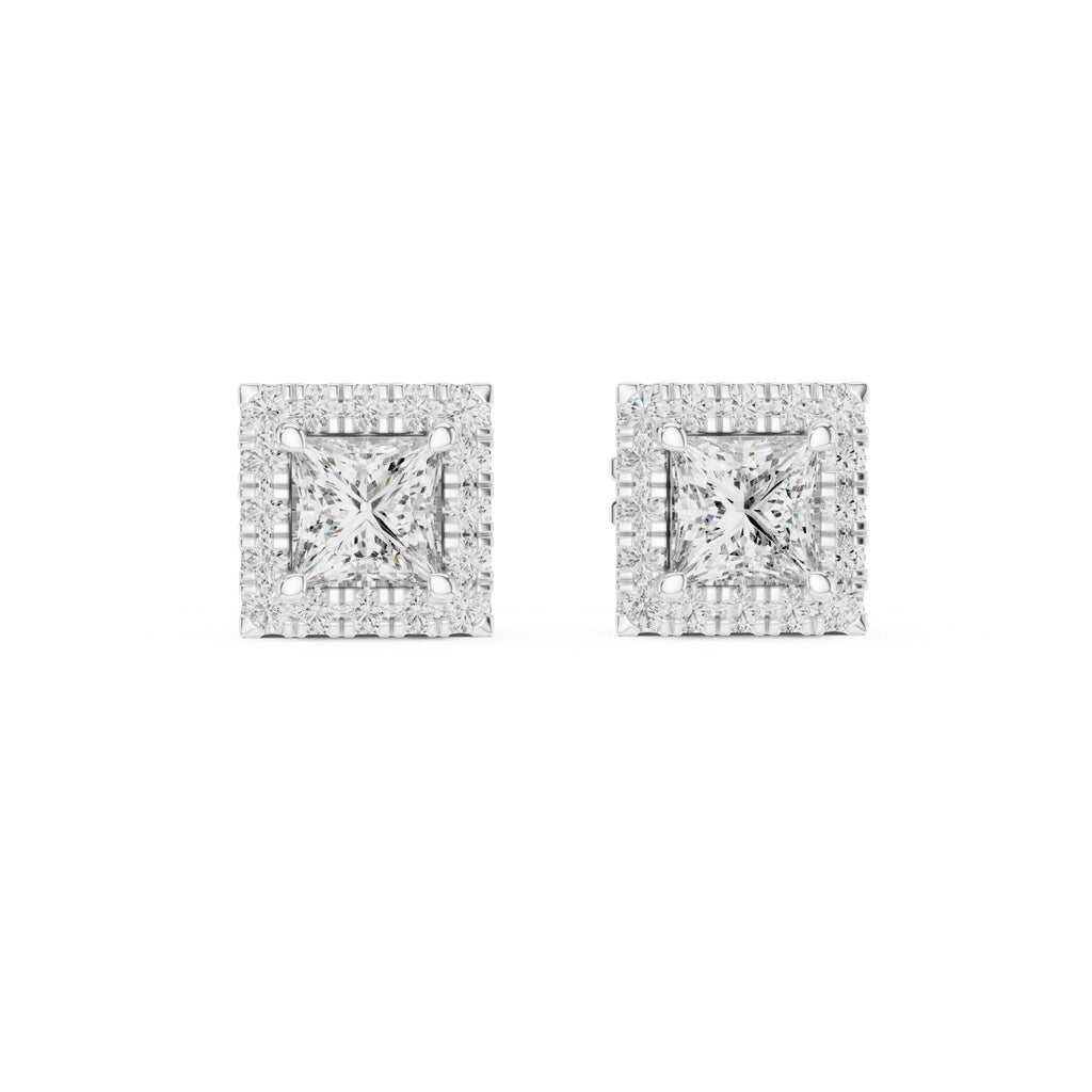 Princess Moissanite Square Halo Stud Earrings – 925 Sterling Silver, 18K Gold Vermeil