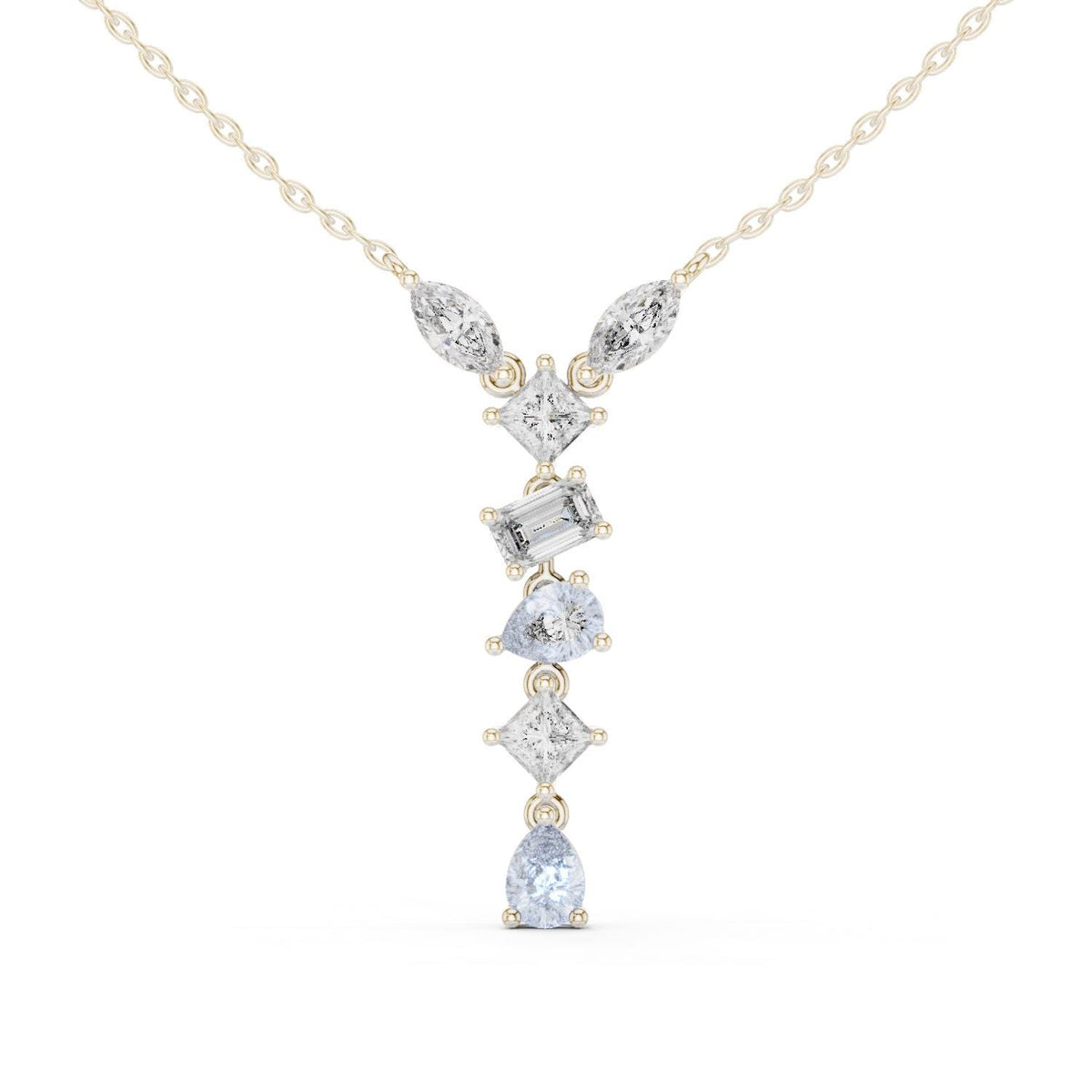 Marquise, Princess & Baguette Moissanite V-Drop Necklace – 925 Sterling Silver, 18K Gold Vermeil