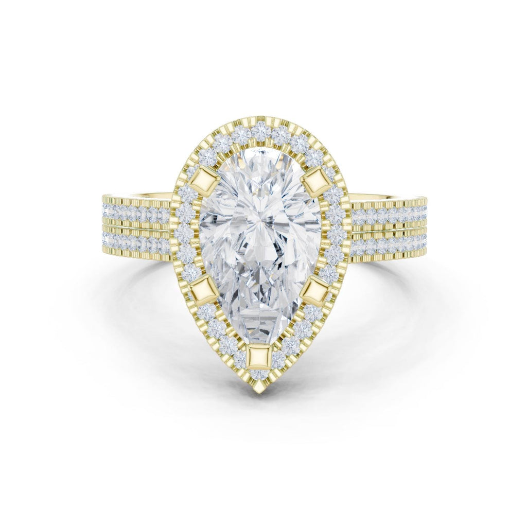 Pear Moissanite Halo Ring with Triple-Row Pavé Band – 925 Sterling Silver, 18K Gold Vermeil