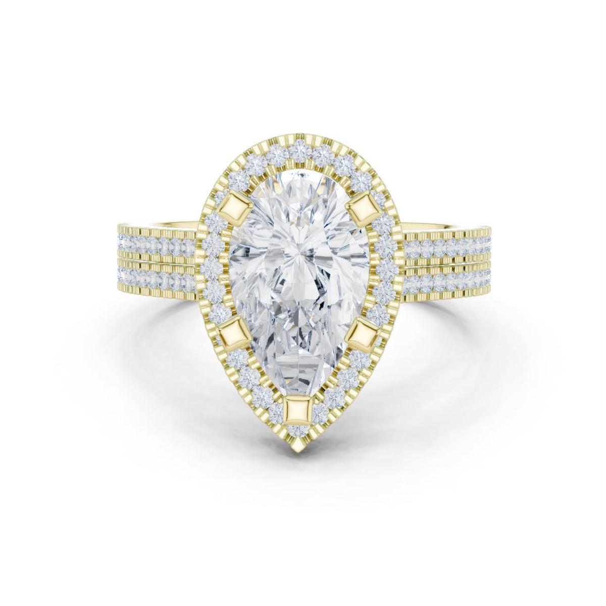 Pear Moissanite Halo Ring with Triple-Row Pavé Band – 925 Sterling Silver, 18K Gold Vermeil