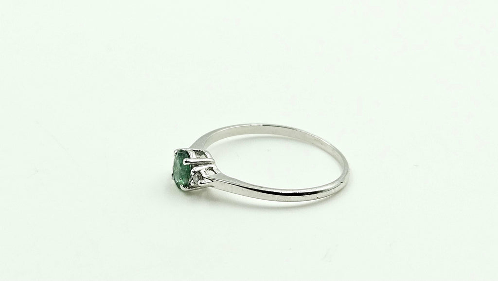 Oval Emerald Solitaire Ring with Diamond Accents – 925 Sterling Silver, 18K White Gold Vermeil