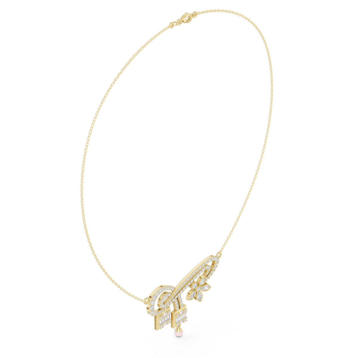 Moissanite Pavé Flower & Baguette Drop Necklace – 925 Sterling Silver, 18K Gold Vermeil