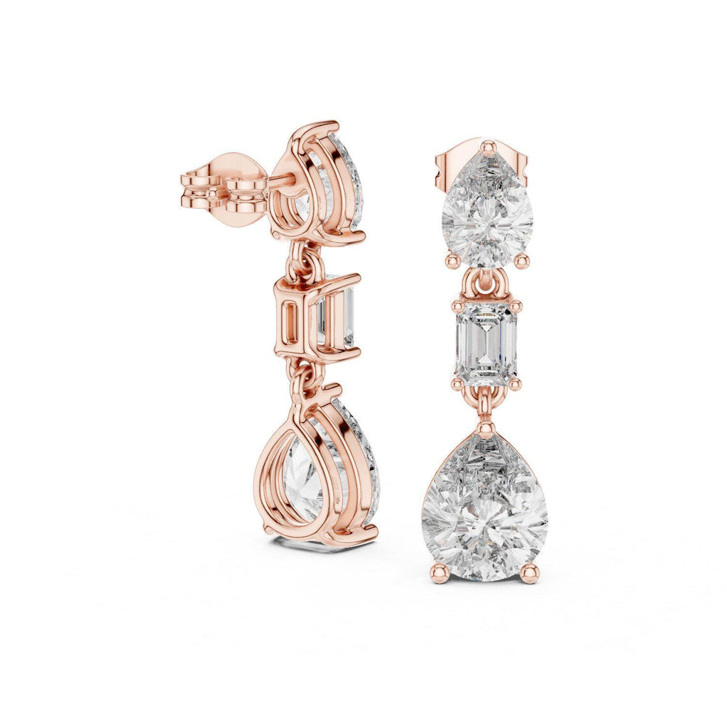 Pear & Emerald-Cut Moissanite Three-Stone Drop Earrings – 925 Sterling Silver, 18K Gold Vermeil