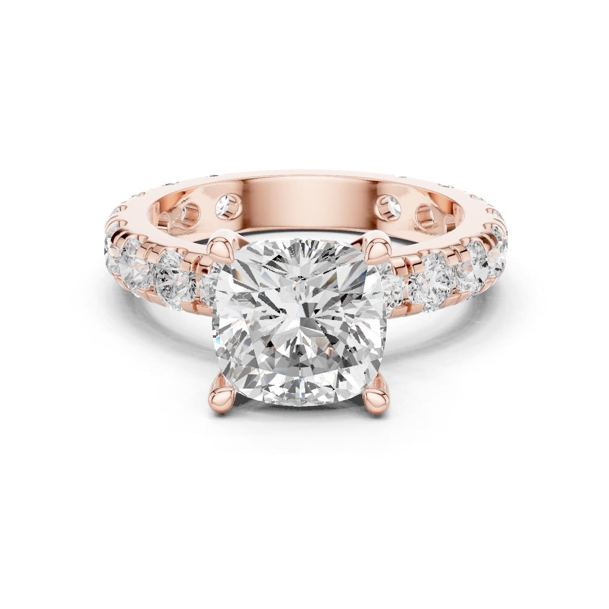 Cushion-Cut Moissanite Ring with Pavé Band – 925 Sterling Silver, 18K Gold Vermeil