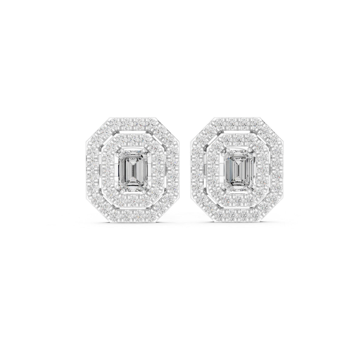 Emerald-Cut Moissanite Octagon Double-Halo Stud Earrings – 925 Sterling Silver, 18K Gold Vermeil